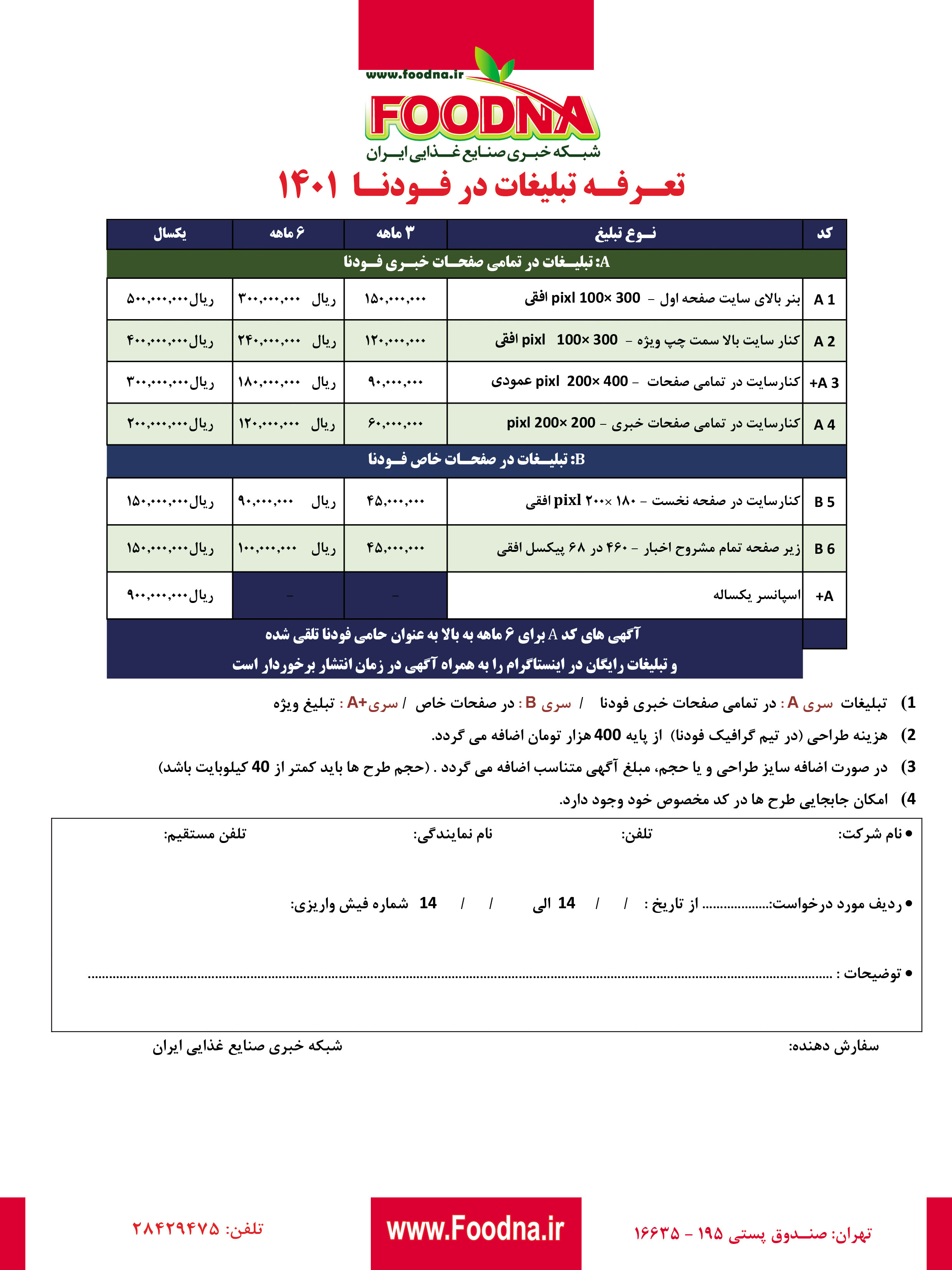 تعرفه تبلیغاتی فودنا 1400